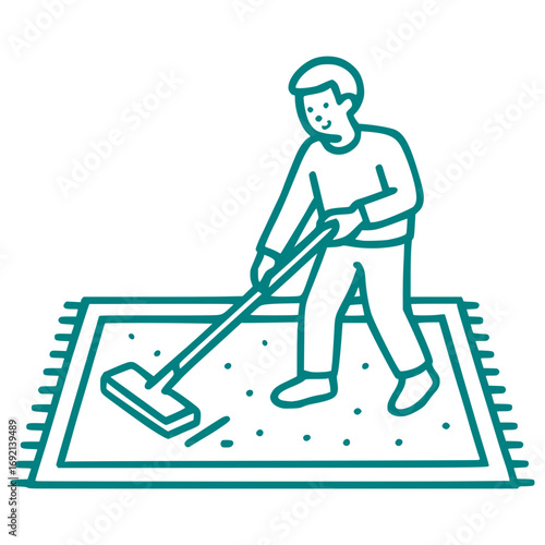 Man diligently vacuuming a rug for a clean home, perfect for housekeeping services and home care ads