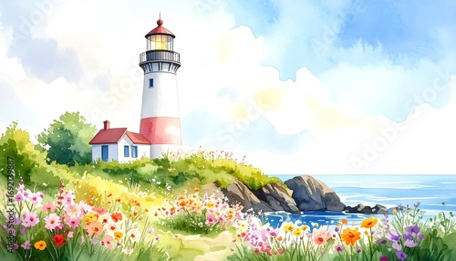 Watercolor lighthouse scene on a coast