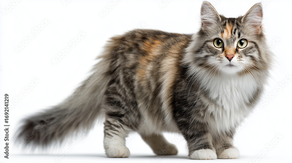 Obraz premium 白い背景に立つ、ふわふわの毛並みが特徴的な子猫の横向き全身ショット