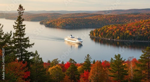 Wallpaper Mural Serene Autumn Landscape with Cruise Ship Sailing through Calm Waters Surrounded by Vibrant Foliage Torontodigital.ca