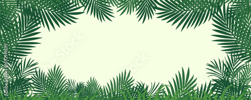 Jungle forest landscape with trees and green plants. Tropical leaf and flower frame. Cartoon style.trees. Beautiful nature landscape concept for banner, camping, magical forest. Summer or spring scene