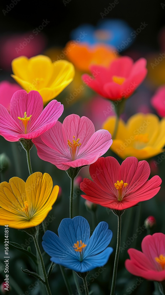 Fototapeta premium Vibrant and enchanting natural garden scene, showcasing multitude of diverse colorful flowers in full bloom, including striking pink, red, yellow, and blue petals with delicate stamen, set against sof