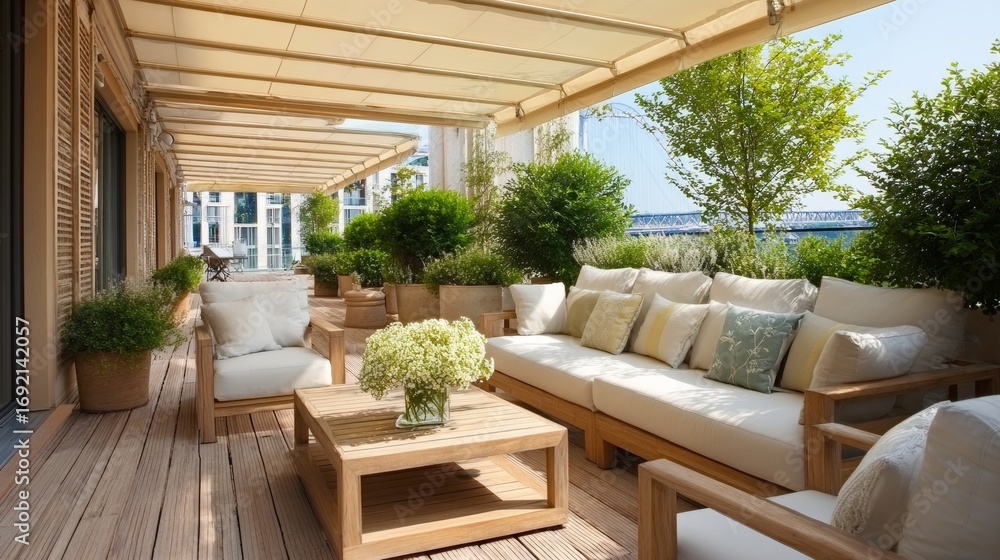Fototapeta premium Elegant Retreat Sunny Terrace with Stylish Outdoor Furniture, Lush Plants, and Relaxing Awning