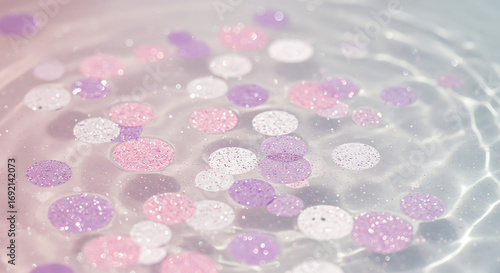 Pink and purple confetti in clear water