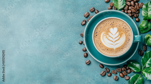 Top-down view of vibrant latte art coffee cup on teal background, adorned with scattered roasted coffee beans and fresh green leaves, perfect for cozy morning beverage concept.