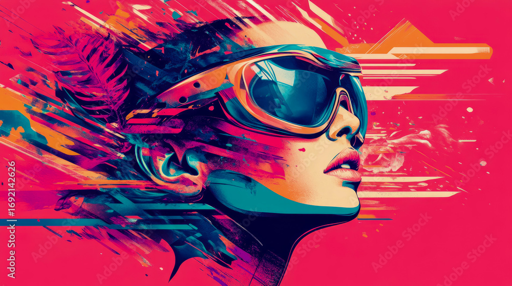 Naklejka premium Vibrant and Dynamic Abstract Portrait of Woman Wearing Futuristic Goggles, Featuring Explosion of Neon Colors, Bold Brushstrokes, and Digital Glitch Art, Capturing Sense of Speed, Innovation, and Mode