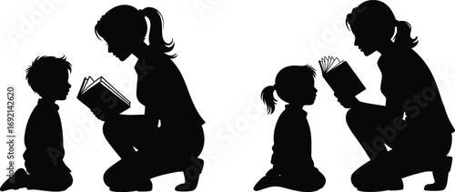 Mother reading to son and daughter silhouettes childhood learning family bonding story time love