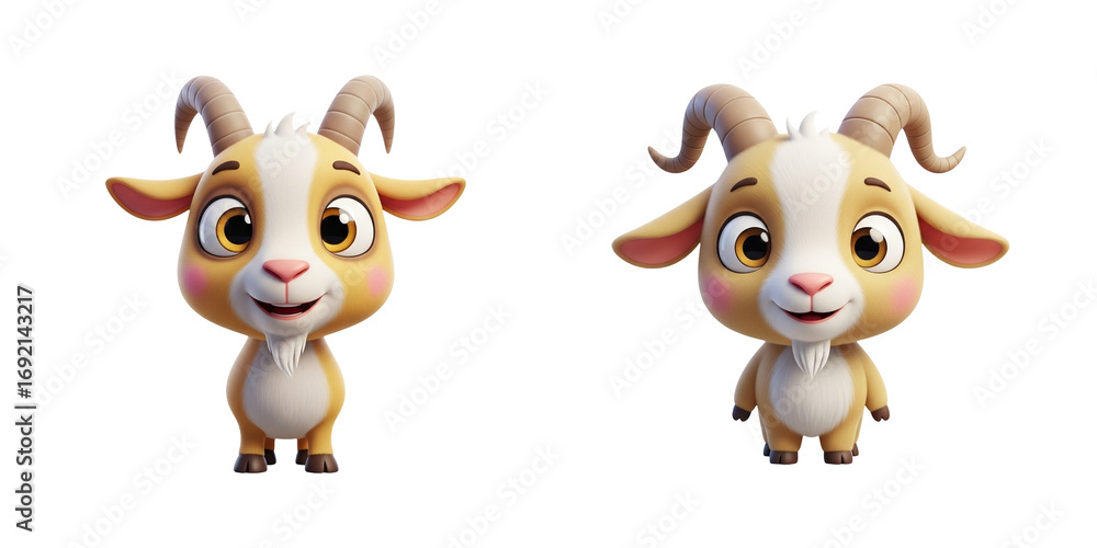 Naklejka premium Cartoon goats with curved horns, blush cheeks, and friendly smiles, perfect for farm-themed illustrations, children’s books, and animal character design