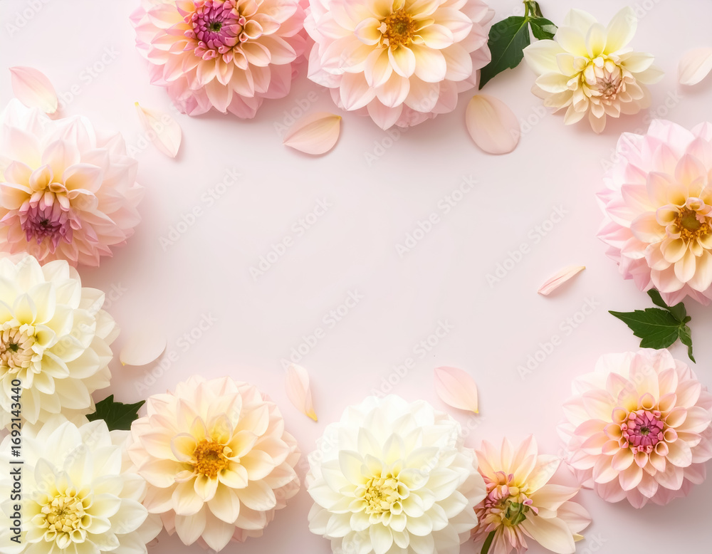 Fototapeta premium パステルカラーのダリアが並ぶ柔らかな背景イラスト コピースペース付き