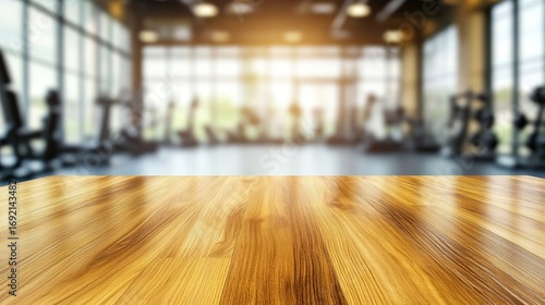 Wallpaper Mural Light wood table top in front of a blurry gym Torontodigital.ca