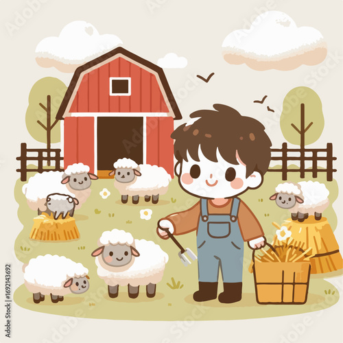 Cartoon illustration of a boy herding sheep