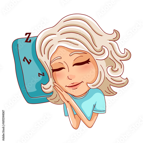 Female person is sleeping on a pillow isolated on white background. Vector illustration.