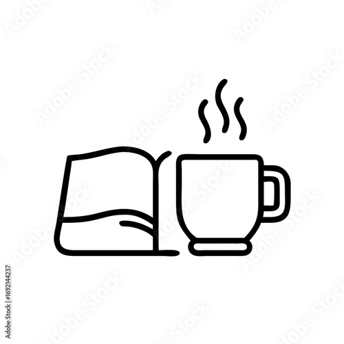 Book and coffee cup icon in minimalistic line art style  
