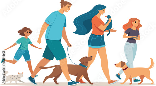 Diverse group of people walking dogs and cats Keywords: people, walking, dogs, cats, pets