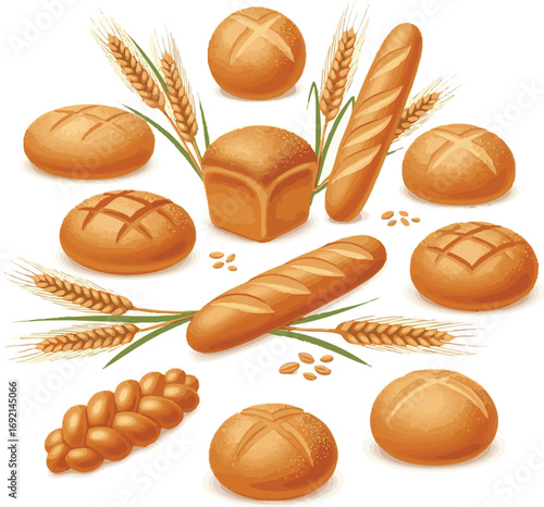 Create a kinds of deferent 3D Wheat Bakare Bread product with wheat ears set vector art with white background.