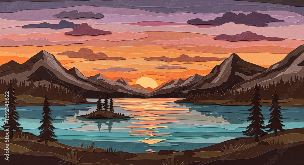 Naklejka premium Sunset over lake and mountains landscape scene