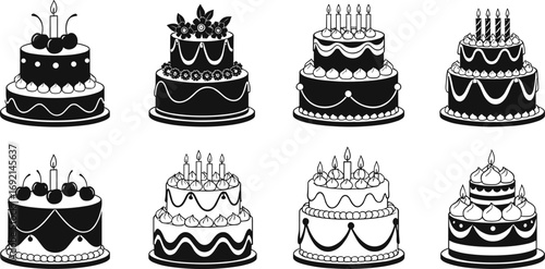 Set of birthday cakes with candles, celebration desserts, festive cakes, party sweets, anniversary cakes, holiday baking, cake illustrations