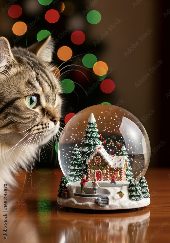 Fototapeta premium Cat looking curiously at snow globe with Christmas scene inside