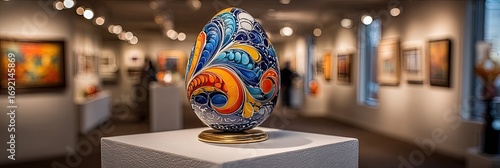 Ornate egg on display in an art gallery