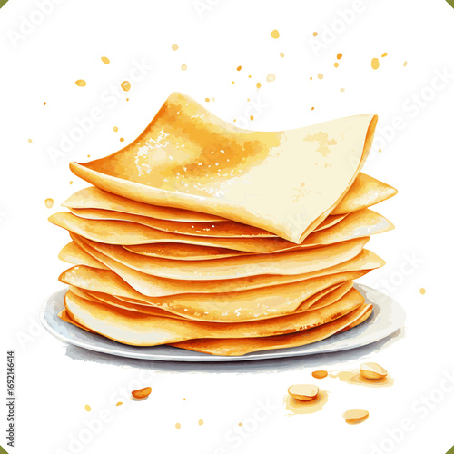 Vector illustration of folded crepes stacked in a pile with crumbs, watercolor style, isolated on a white background