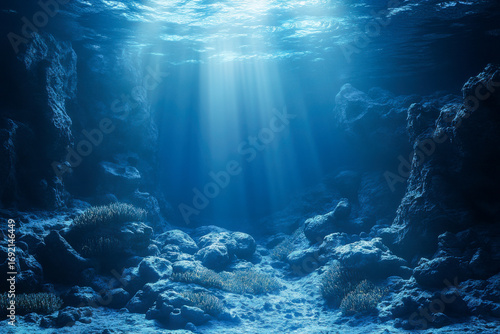 Bright sun rays stream through clear deep blue ocean water, illuminating a dark rocky seabed with small coral formations. Serene underwater scene.