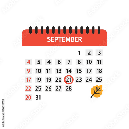 September Calendar with 21st Highlighted and Autumn Leaf