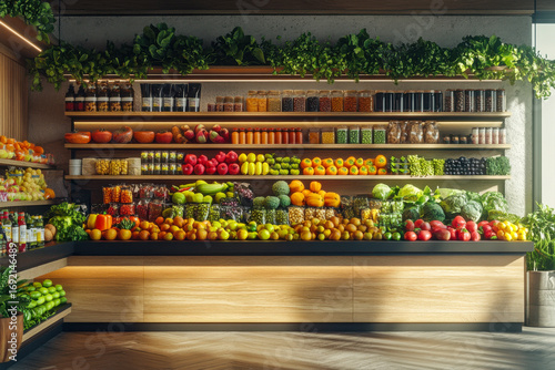 Vibrant fresh fruits and vegetables displayed on wooden shelves in a modern grocery store. Abundant healthy organic produce market aisle.
