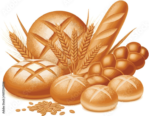 Create a kinds of deferent 3D Wheat Bread product with wheat ears set vector art with white background