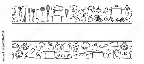 Seamless Cooking Pattern. Background featuring Empty Space for Text. Continuous illustration style. Vector art.