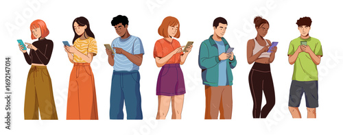People holding and using mobile phones set. Characters with smartphones in hands. Men, women use cellphones, surfing internet, chatting.