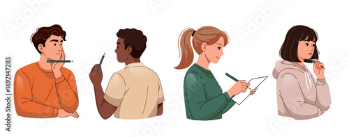 Male and female editors, copywriters, students writing, studying, taking notes. Editors thinking, editing grammar. Flat vector illustration isolated on white background
