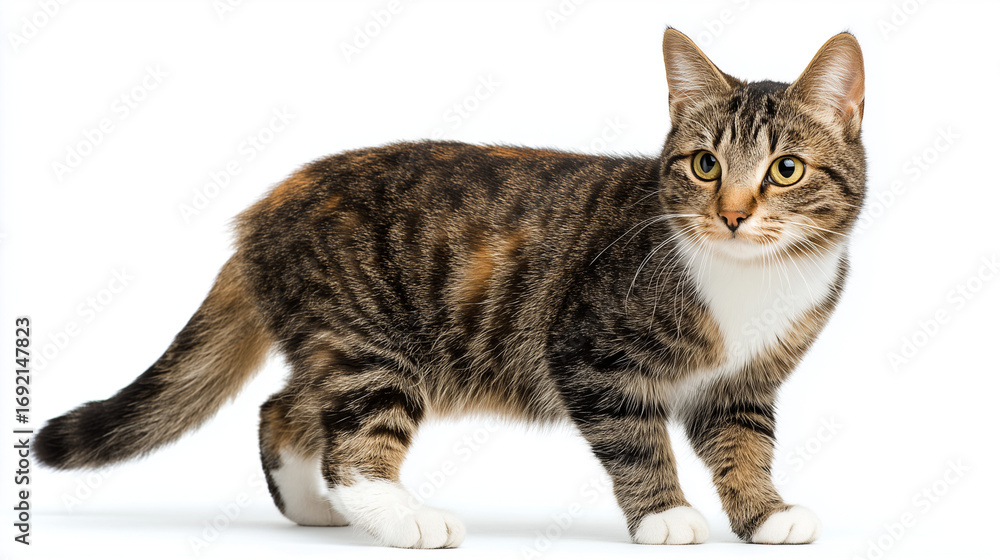 Obraz premium 白い背景に立つ、好奇心旺盛な子猫の横向き全身ショット