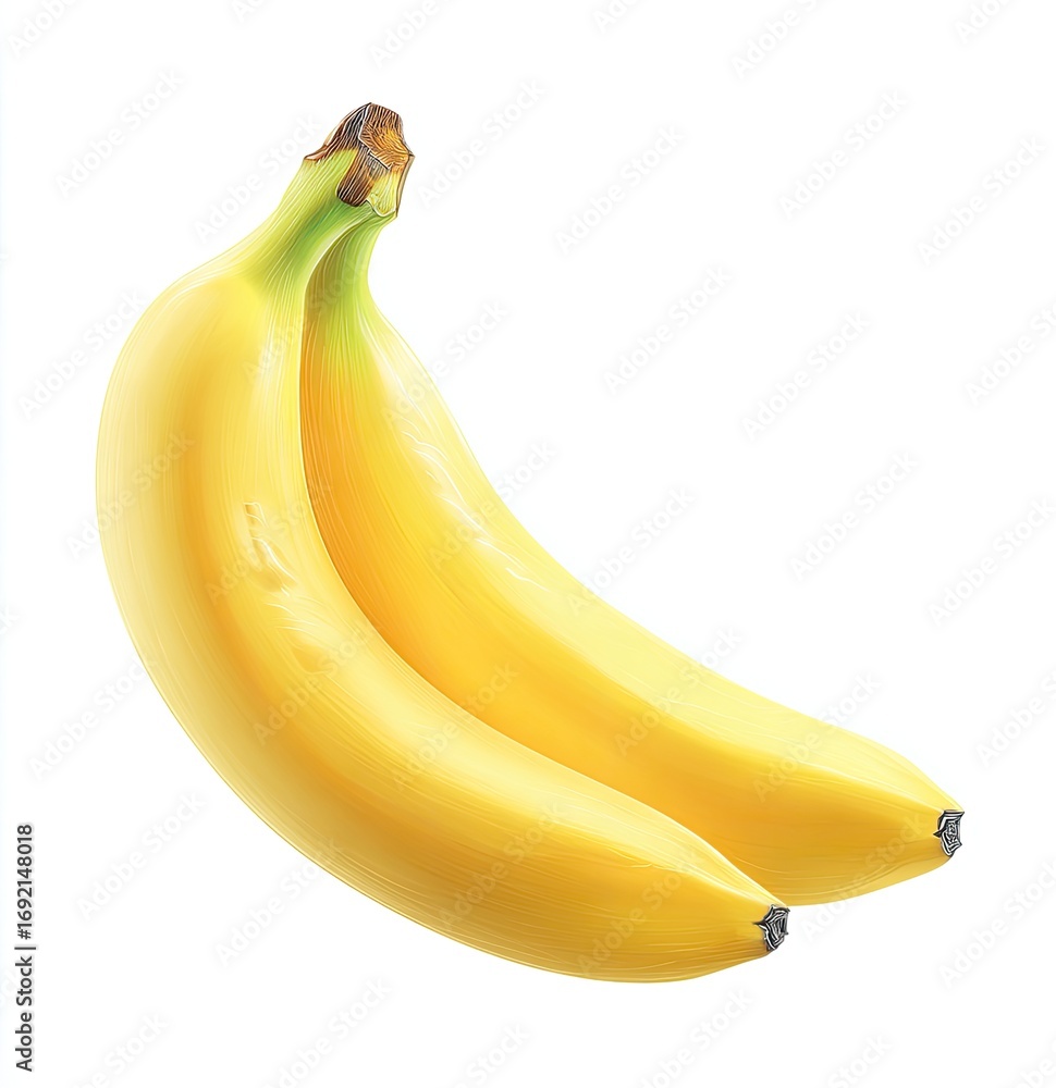 Two ripe bananas, yellow and curved, on a white background