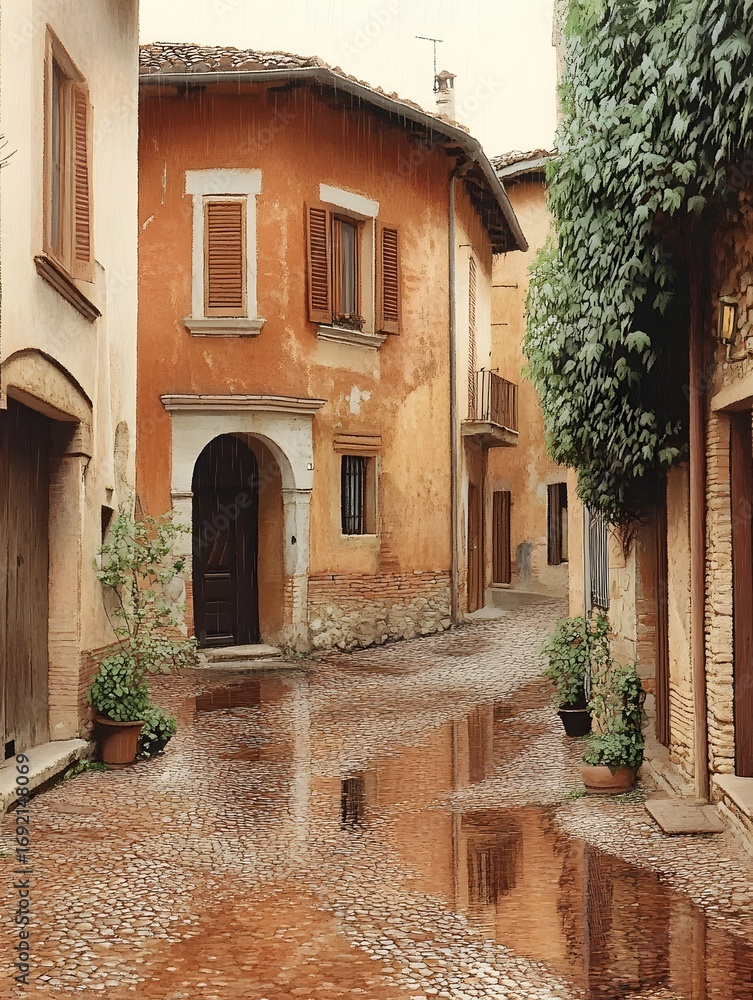 Obraz premium Cobblestone alley with wet reflections historic European buildings and falling rain