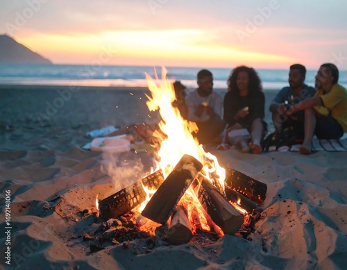 Beach bonfire with friends at sunset