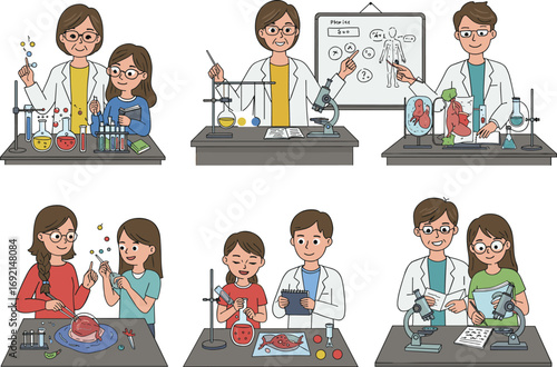 Cartoon science experiments with children and adults, chemistry and biology lessons, classroom learning, lab activities, hands‑on education, STEM teaching illustration