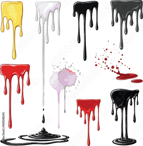 Create a kinds of deferent Dripping oil stain. Liquid ink, paint drip and drop of drippings stains watercolor splash, blood or sauce spray. Black drips resin inked drops isolated vector.