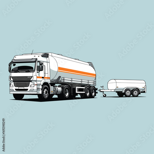 A modern white tanker truck with an orange stripe pulling a smaller tanker trailer, depicted in a clean vector illustration.