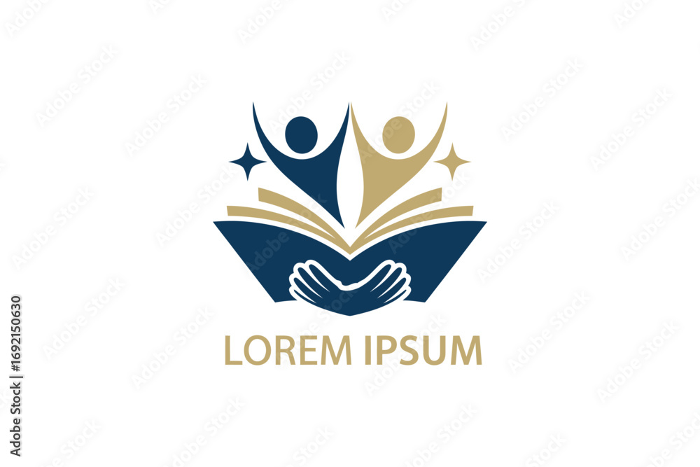 Fototapeta premium Education Logo Design featuring People Reaching for the Stars above a Book Supported by Hands
