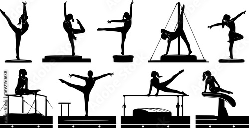 gymnastics silhouettes, multiple gymnasts performing , dynamic poses, artistic illustration, strong outlines, black and white