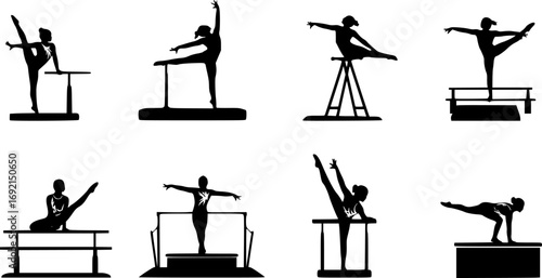 gymnastics silhouettes, multiple gymnasts performing , dynamic poses, artistic illustration, strong outlines, black and white