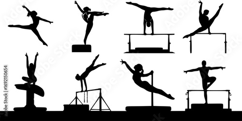 gymnastics silhouettes, multiple gymnasts performing , dynamic poses, artistic illustration, strong outlines, black and white