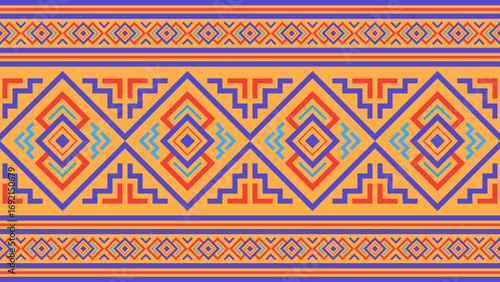 Aztec ethnic seamless pattern in bright tones on orange background. Vector ethnic illustration. Illustration for fabric print, background, tribal, ethnic.
