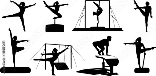 gymnastics silhouettes, multiple gymnasts performing , dynamic poses, artistic illustration, strong outlines, black and white