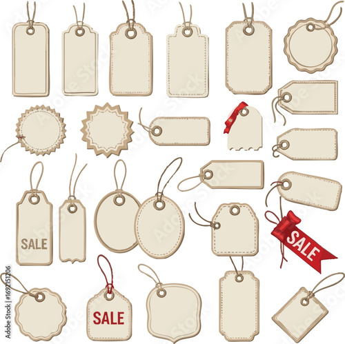 Create a kinds of Price tag labels in different shapes or Brand Set of Empty stickers. Gift box tags or sale shopping labels with rope. Blank labels template price tags vector art with white backgroun