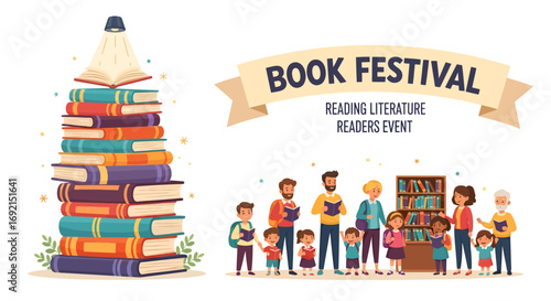 Book Festival Event with Diverse People Reading and Learning Literature.