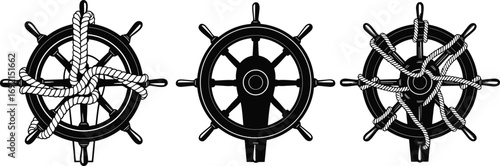 Vintage ship steering wheel with nautical rope, marine helm icon set, sailing equipment illustration, maritime navigation symbol for sea lovers