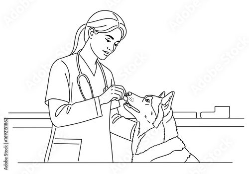 Female veterinarian caring for a Siberian Husky dog with attention and professionalism in a clinic