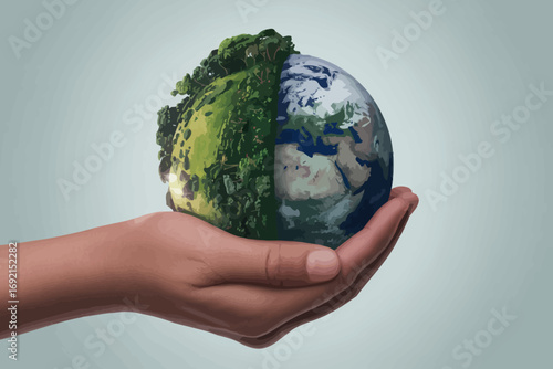 Earth Held in Hand Representing Environmental Balance and Sustainability with Green Lush Vegetation and Blue Planet Side by Side
