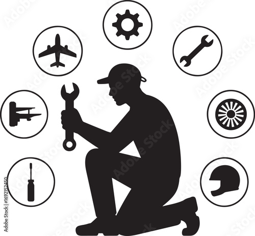 Aircraft Mechanic Silhouette with Tools and Aviation Components on Transparent Vector